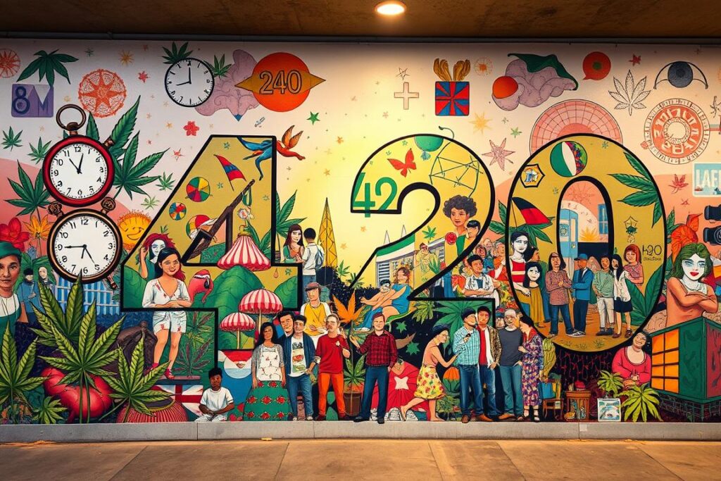 A modernist mural depicting the cultural significance of the number 420 in a vibrant, kaleidoscopic style. In the foreground, a collage of iconic cannabis leaves, clocks, and psychedelic patterns symbolize the recreational and medicinal use of marijuana. The middle ground showcases a diverse array of people, cultures, and subcultures united by the shared experience and celebration of 420. In the background, abstract geometric shapes and swirling colors evoke the spiritual, philosophical, and countercultural aspects of the 420 phenomenon. Lit by warm, diffused lighting that casts a hazy, introspective glow over the entire scene.